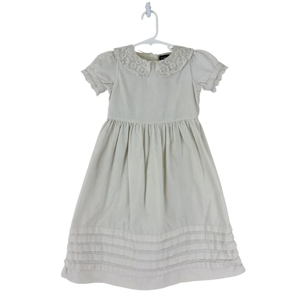Ralph Lauren Girls Cream Corduroy Lace Collar Dress‎ Size 4 Pintuck Hem Holiday